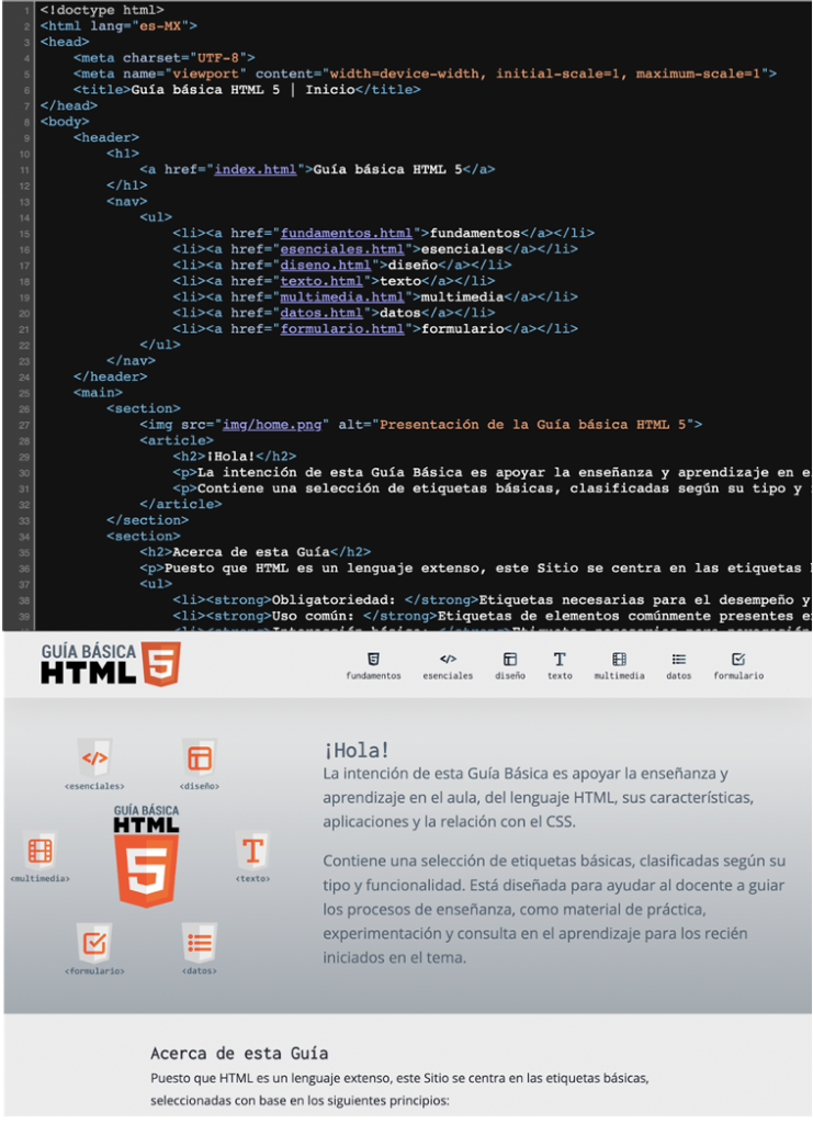 Vista de fragmento de estructura HTML y del diseño final de la página de Inicio de la Guía básica HTML 5. Fuente: https://guiahtml.com